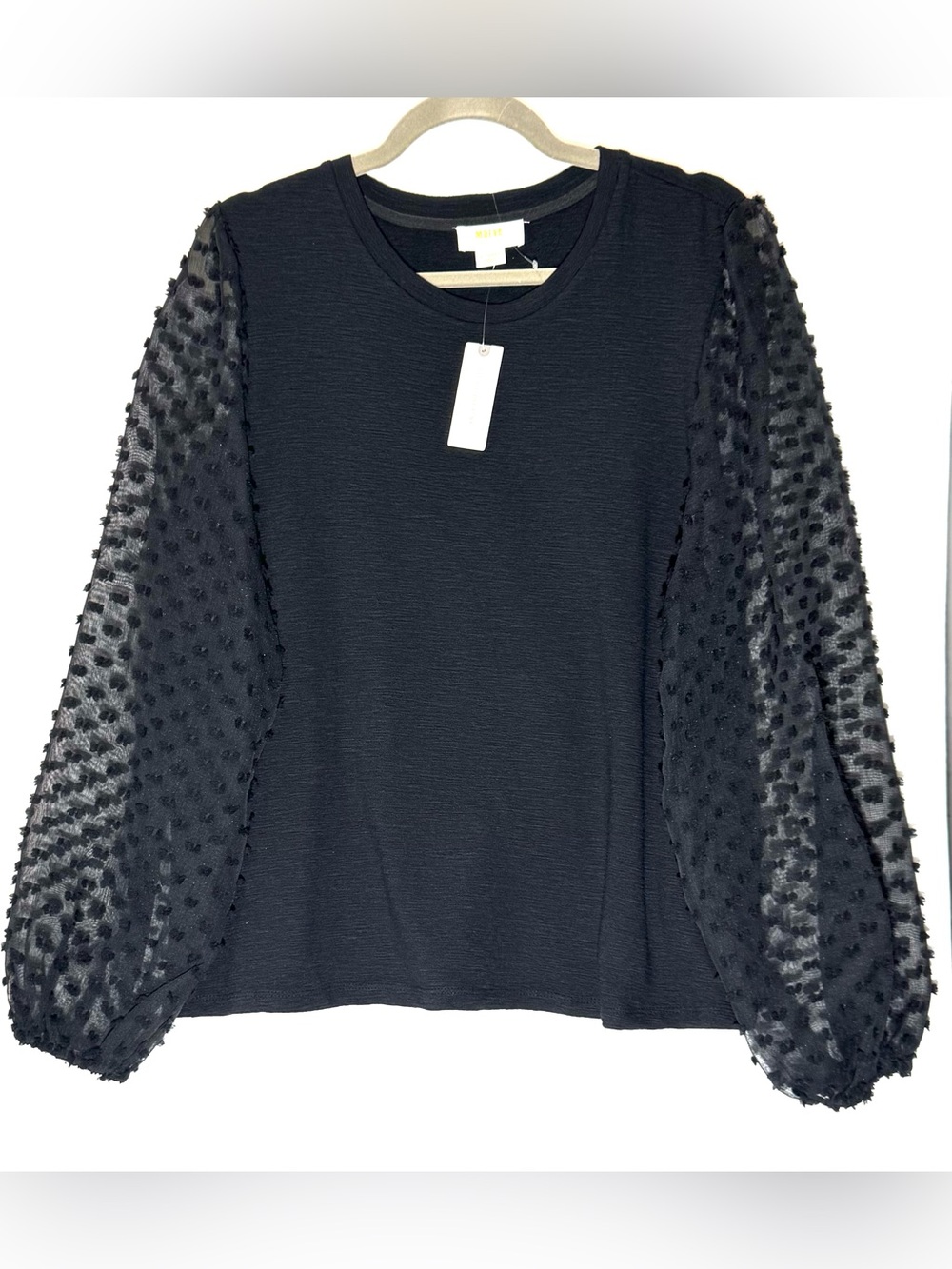 Anthropologie Black Puff-Sleeve Dot-Texture Long Sleeve Top